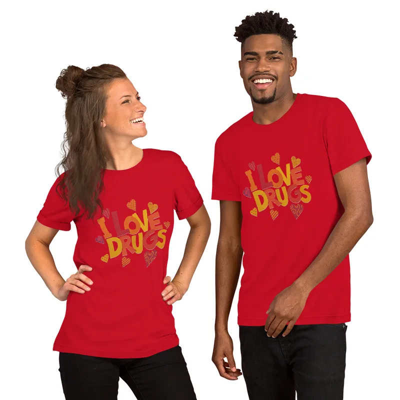 Red I Love Drugs Bold Statement Tee — bold chunky lettering reading I Love Drugs in warm orange red and yellow tones