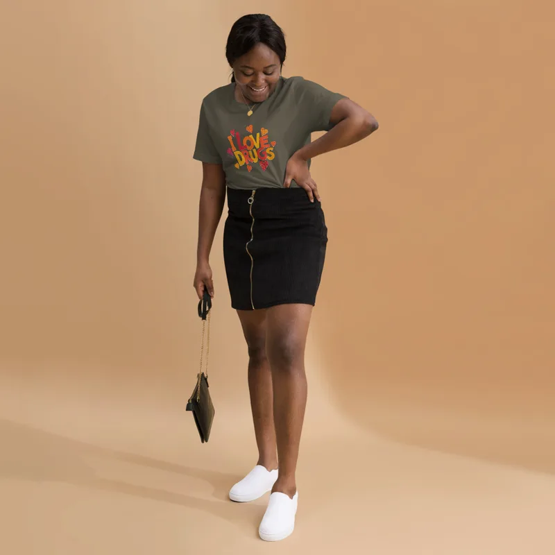Army I Love Drugs Bold Statement Tee — bold chunky lettering reading I Love Drugs in warm orange red and yellow tones