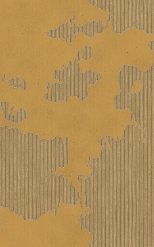 peeled golden kraft paper layers revealing corrugated cardboard fluting beneath in warm amber and tan tones
