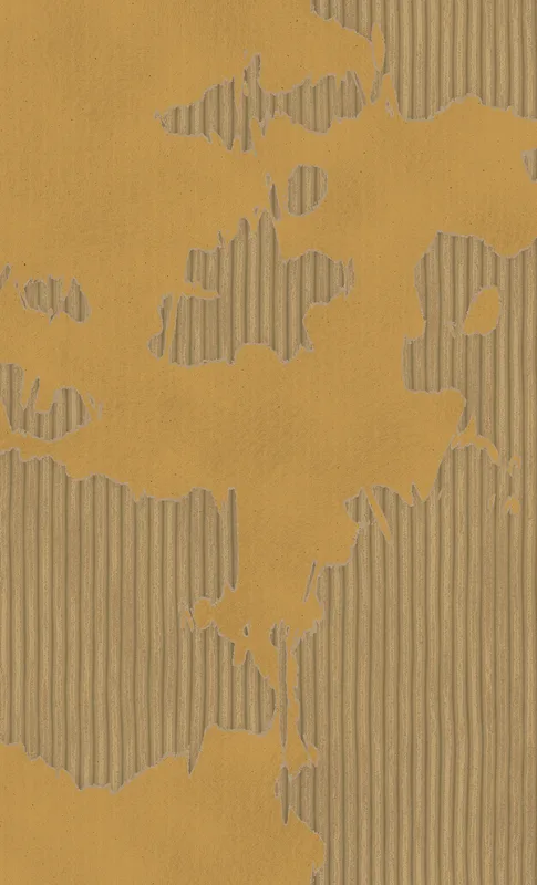 torn and peeling kraft paper revealing corrugated cardboard fluting beneath, warm amber and taupe tones with ragged irregular edges