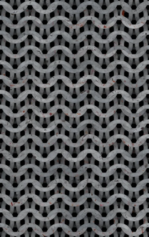 Iron Weave Armor MagSafe Tough Case for iPhone design — close-up chainmail armor pattern in weathered grey steel with rust