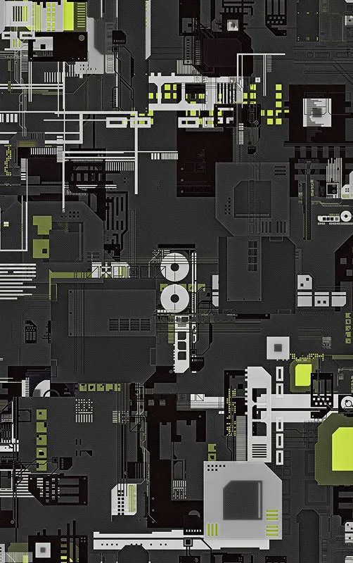 Circuit City Tough Case for iPhone design — top-down industrial blueprint with dense mechanical panels, circuit traces