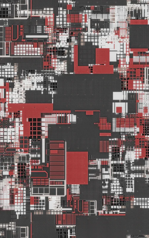 Circuit City Chaos Tough Case for iPhone design — aerial view of a dense abstract cityscape in crimson red, charcoal