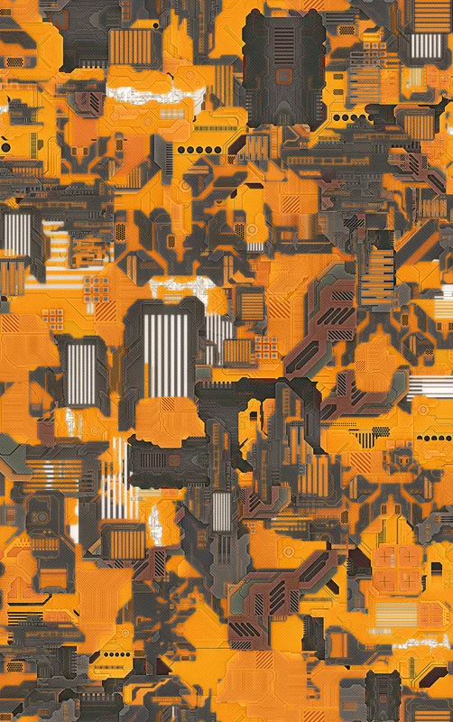 Circuit Siege Armor MagSafe Tough Case for iPhone design — dense mechanical circuit board pattern in vivid orange, amber