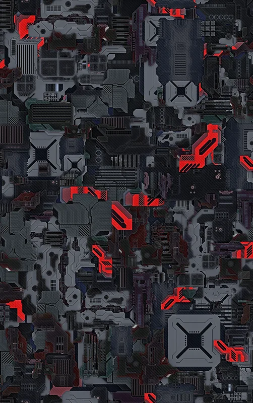 Dark Machine City Armor Tough Case for iPhone design — dense mechanical cityscape of circuit panels, industrial plating