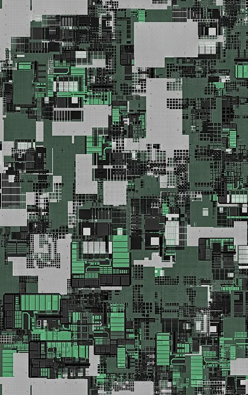 Circuit City Camo MagSafe Tough Case for iPhone design — aerial view of a dense cyberpunk cityscape in forest green, mint