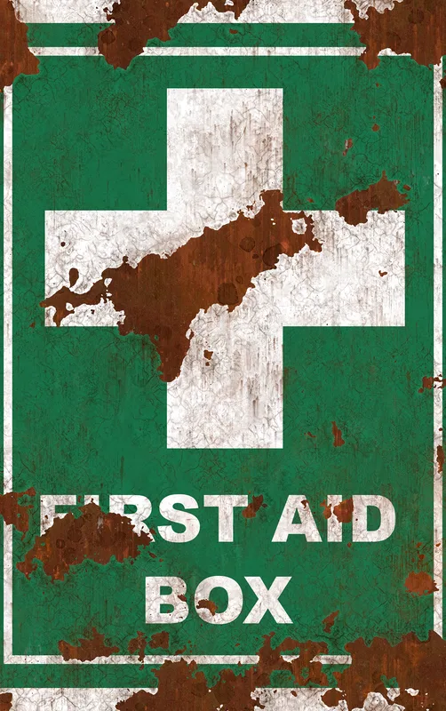 Rusted First Aid Survivor Tough Case for iPhone design — weathered green first aid box sign with white cross, heavy rust