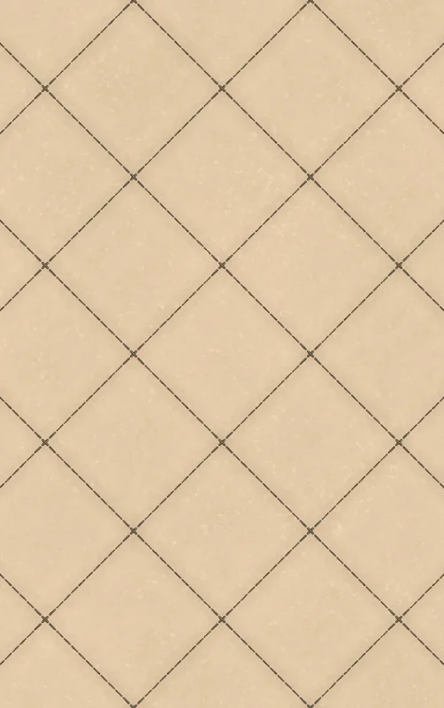 diagonal diamond grid pattern in warm sandy beige with thin dark grout lines and small cross accents at each tile intersection, subtle stone texture throughout